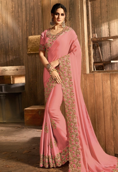Pink silk saree with blouse  5404